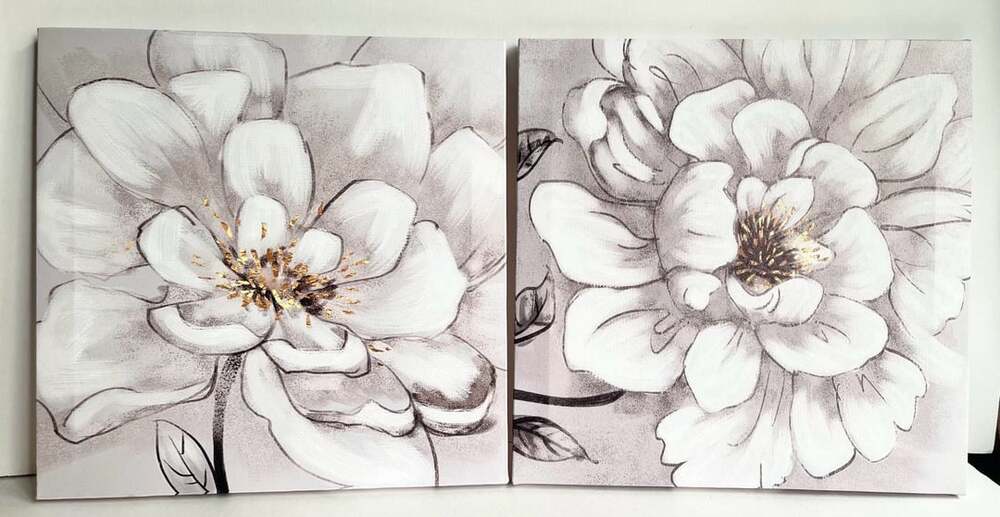Floral Wall Art Canvas Print Set Gray White Gold Flower Artwork